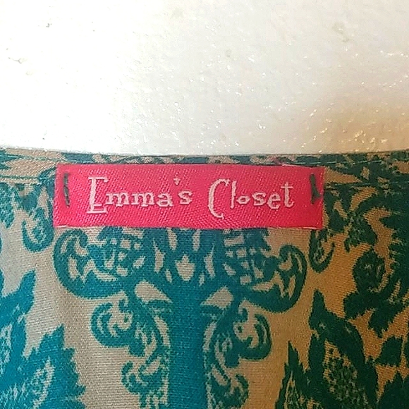 Emma's Closet Shawl Kimono Wrap teal tan print intricate chandelier fringe - Picture 3 of 13